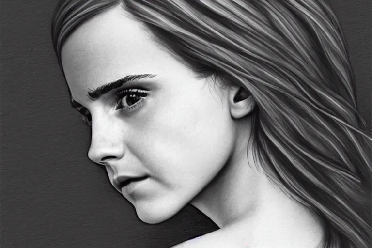 Image similar to emma watson, pencil, art, ultra realistic!!!, clear weather, golden hour, sharp focus