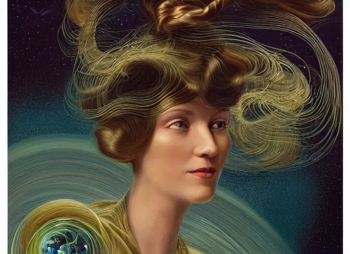 Image similar to portrait of a woman with swirling hair, illustration by James C. Christensen, retrofuturism, reimagined by industrial light and magic