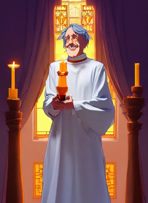 Image similar to pail as a priest wearing robes. holding golden candlestick, in a monestry natural lighting, path traced, highly detailed, high quality, digital painting, by don bluth and ross tran and studio ghibli and alphonse mucha, artgerm