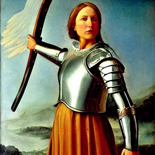 Prompt: alex tanner! as joan of arc in armor, after a battle. renaissance painting