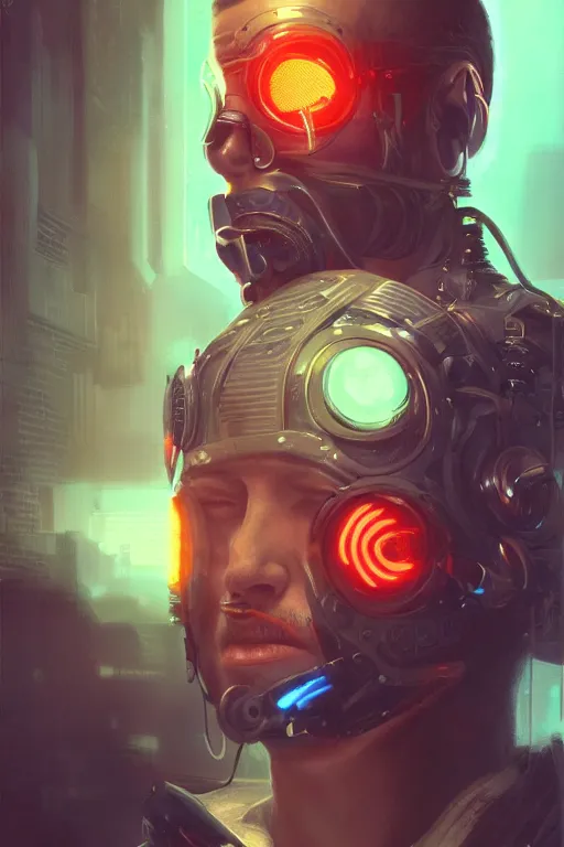Prompt: illustration of an male cyberpunk character wearing bionic implants, criminal mugshot, highly detailed, oil on canvas, soft lighting, neon pastel colors, by WLOP and Greg Staples, HD, 4K