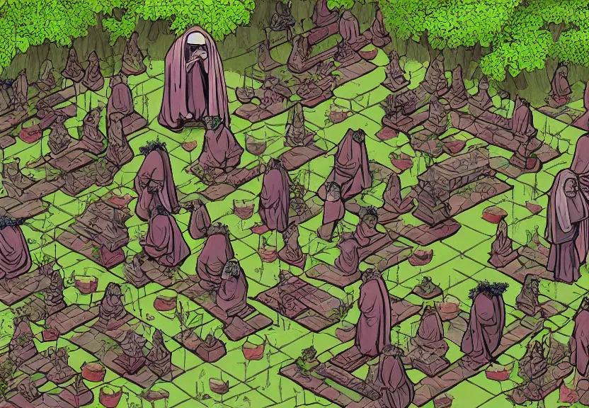 Image similar to possums dressed like monks at a medieval cemetery in the middle of the forest at night, highly detailed, photorealistic, isometric, digital art