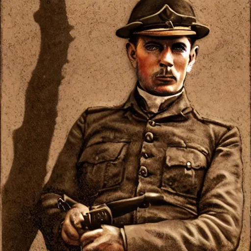 Image similar to a detailed photorealistic sepia - toned color portrait photo of a 1 9 1 7 worried clean - shaven british lieutenant in detailed field gear not wearing a hat in wadi rum, ultra realistic, painted, intricate details, lovecraft, atmospheric, dark, horror, brooding, highly detailed, by clyde caldwell