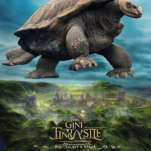 Image similar to giant tortoise walking with a large fantasy castle rising growing from the top of it, distant shot birds eye view, fantasy, hyper detailed, 4 k, howls moving castle, mortal engines,