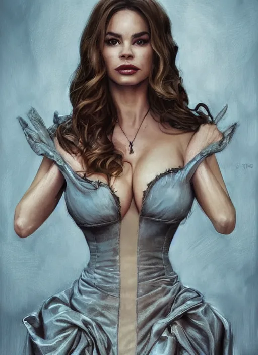 Prompt: sofia vergara as a heroine with a dress inspired by american horror story, holding her chest pushing her bosum together, digital painting, artstation, concept art, smooth, sharp focus, illustration, in - frame, centered, art by artgerm and donato giancola and joseph christian leyendecker, ross tran, wlop