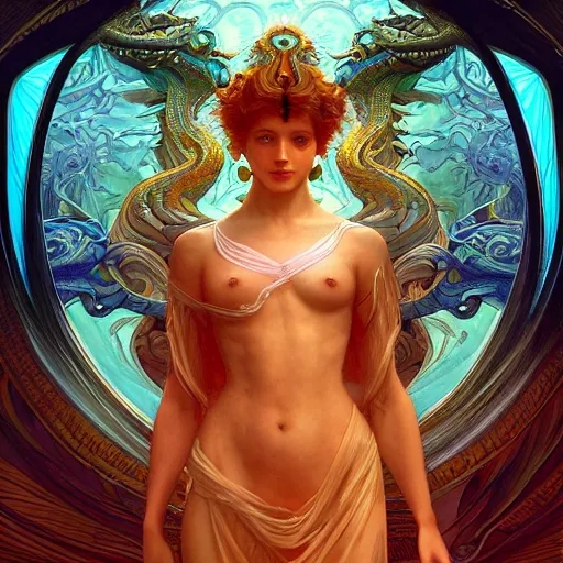 Prompt: astral dragon, cinematic lighting, intricate, elegant, highly detailed, digital painting, artstation, sharp focus, illustration, psychedelic colors, art by artgerm and greg rutkowski and alphonse mucha and Wayne Barlowe and william-adolphe bouguereau