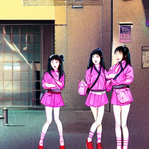 Prompt: a perfect, realistic professional digital sketch of a Japanese schoolgirls posing in a synthwave alleyway, style of Marvel, full length, by pen and watercolor, by a professional American senior artist on ArtStation, a high-quality hollywood-style sketch, on high-quality paper