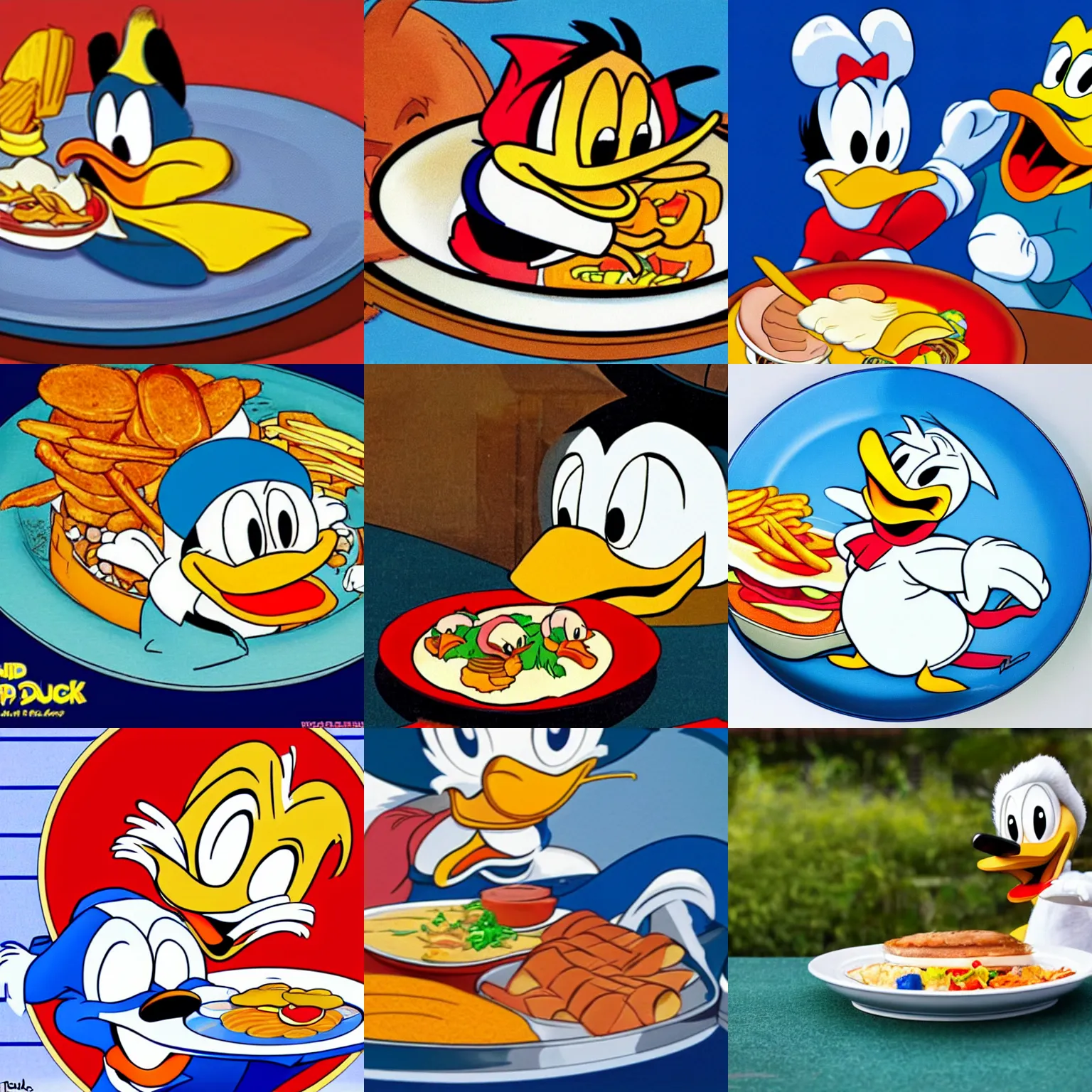 Prompt: donald duck eating food from a big plate of