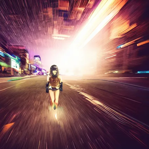 Image similar to gopro pov of a woman warrior wearing intricate scifi helmet running motion blur, night, city, raining