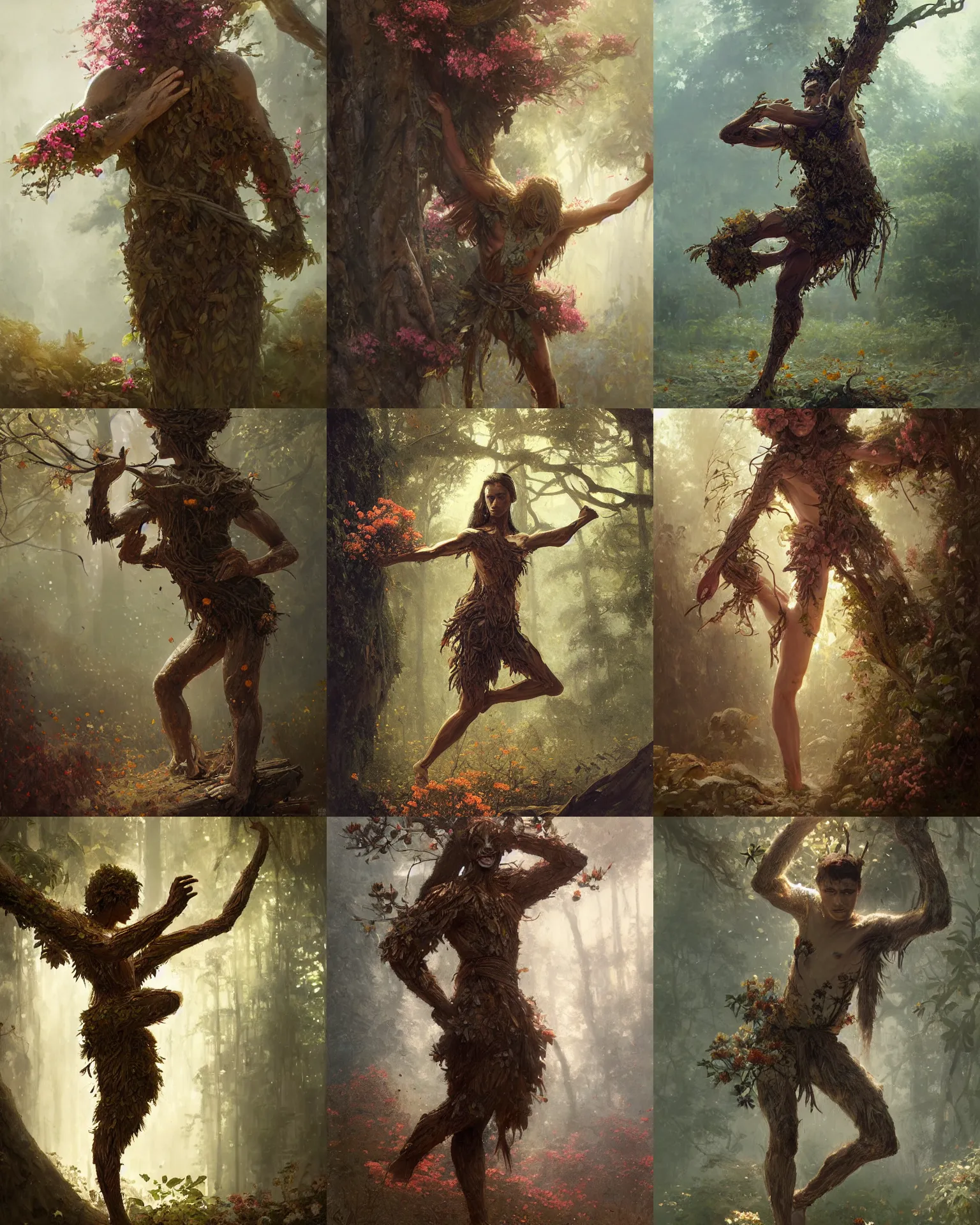 Prompt: person made of tree, bark for skin, leaf hair, covered in flowers, martial arts pose, fantasy character portrait, full body, greg rutkowski, gaston bussiere