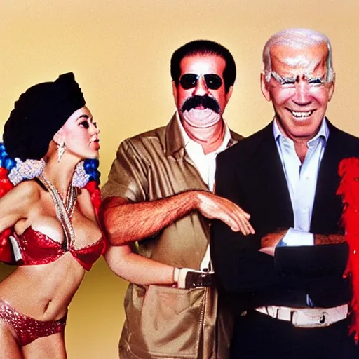 Image similar to UHD candid photo of Saddam Hussein and Joe Biden with a Vegas showgirl, accurate faces, UHD, photorealistic, correct face, photo by Annie Leibowitz