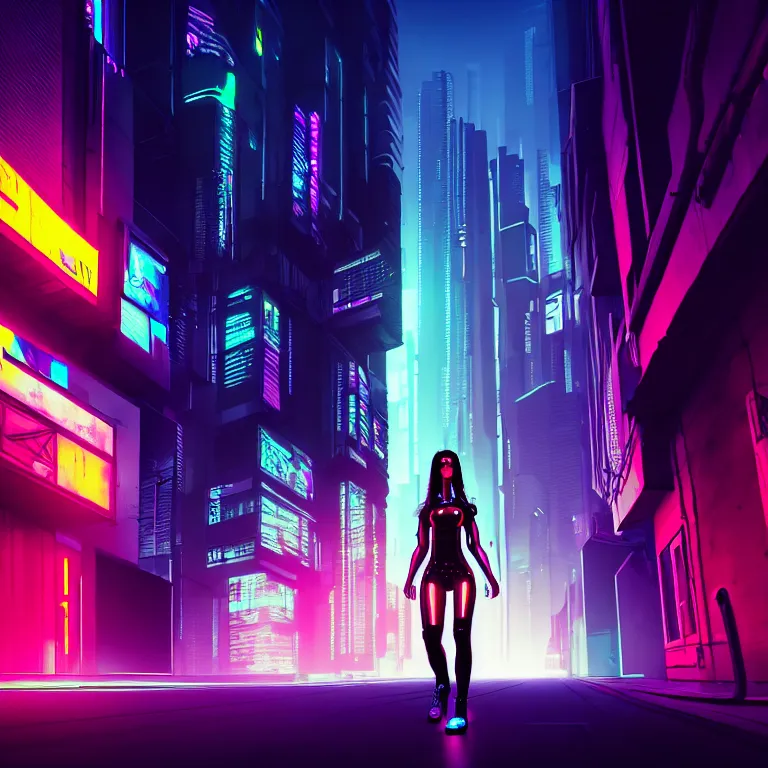 Image similar to cyberpunk girl in a cyberpunk street, night, cinematic lighting, very detailed