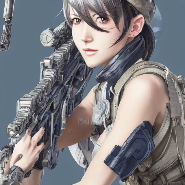 Image similar to the photorealistic portrait of lawful neutral female futuristic marine sniper as absurdly beautiful, gorgeous, elegant, young anime gravure idol, an ultrafine hyperdetailed illustration by kim jung gi, irakli nadar, intricate linework, bright colors, octopath traveler, final fantasy, unreal engine 5 highly rendered, global illumination, radiant light, detailed and intricate environment