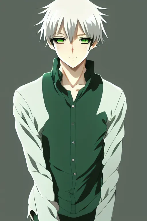 Image similar to anime art full body portrait character concept art, anime key visual of elegant young male, platinum white straight bangs and large green eyes, finely detailed perfect face delicate features directed gaze, trending on pixiv fanbox, studio ghibli, extremely high quality artwork