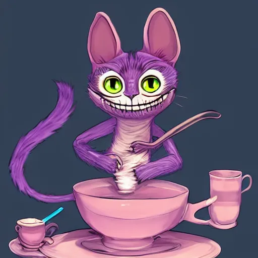 Prompt: cheshire cat drinking tea, by cory loftis, character art, art, very coherent, plain background, lighthearted, soft painting