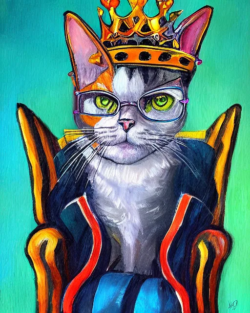 Prompt: cat king on cat throne colorful wayne thibaud portrait