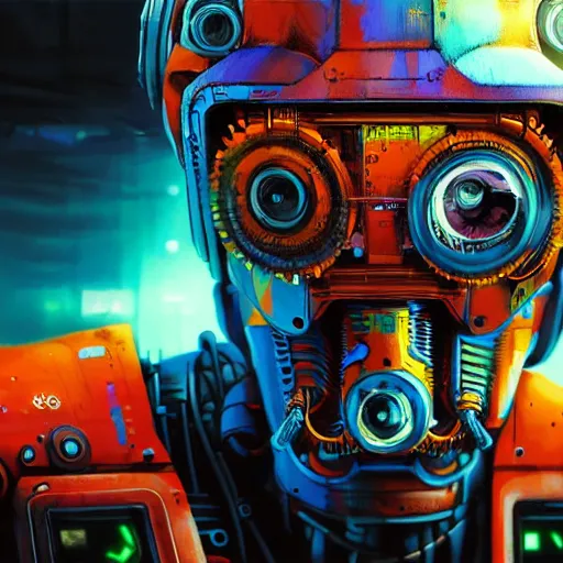 Prompt: detailed and vibrant color character concept art portrait of a detailed and hi - tech diesel punk robot ’ s face, depth of field background, artstation, award - winning realistic sci - fi concept art by greg rutkowski and yoshitaka amano, in the style of james gurney, flat pop color surrealist illustration.