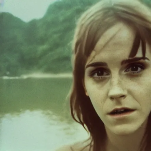 Image similar to film still, close up, emma watson rising out of muddy vietnam river, face covered in mud, combat helmet, low camera angle at water level, night time, film still from apocalypse now ( 1 9 7 9 ), 2 6 mm polaroid polaroid polaroid polaroid polaroid expired expired expired,