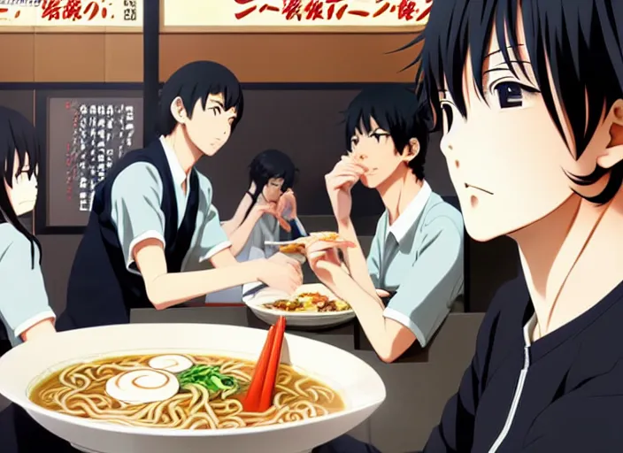 Prompt: anime visual, full body illustration a young man having lunch at a ramen stand, handsome face by ilya kuvshinov, yoshinari yoh, makoto shinkai, katsura masakazu, dynamic perspective pose, detailed facial features, kyoani, rounded eyes, crisp and sharp, cel shad, anime poster, ambient light,