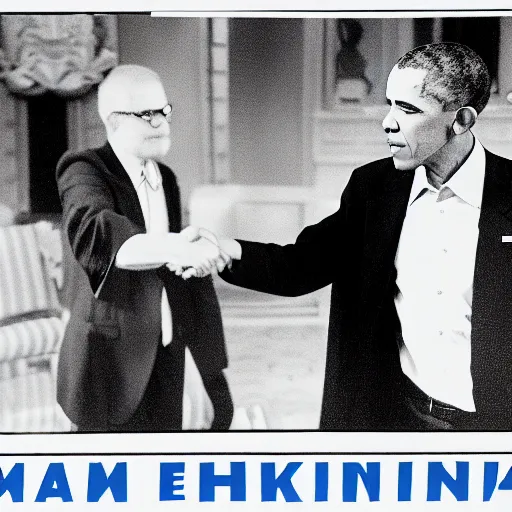 Prompt: 35mm photograph of Dr Manhattan shaking hands with Obama