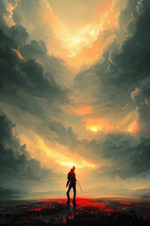 Image similar to poster artwork. the sky on fire. gorgeous. award winning. washed out. desaturated. art by wlop, mars ravelo and greg rutkowski.