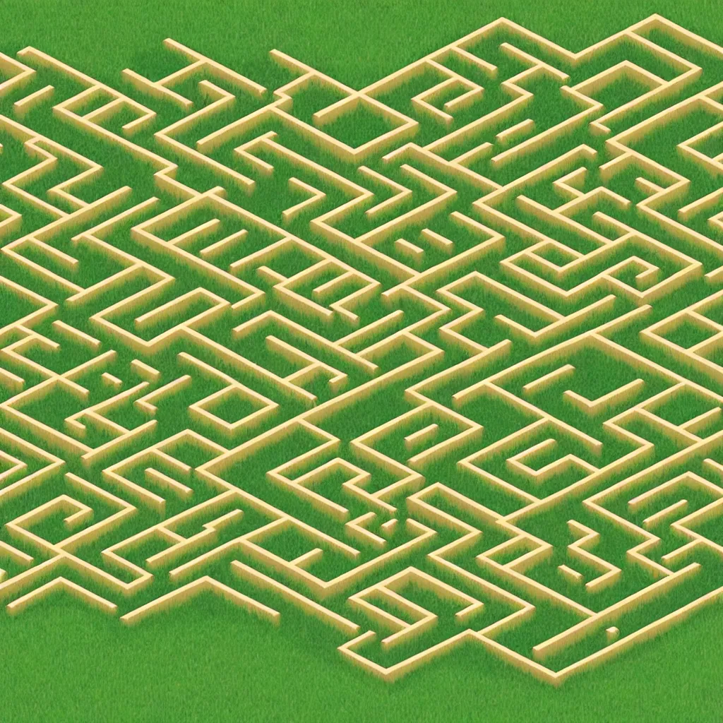 Image similar to wimmelbilder maze made of lawn with cartoon child mowing, isometric, very sharp