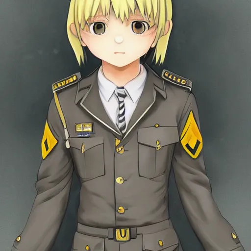 Image similar to beautiful little blonde boy in nazi uniform. made in abyss art style, inspired by kris from deltarrune, cute detailed artwork, anatomically correct, soft details, ilya kuvshinov, reflection, perfect composition, portrait, illumination, digital art, detailed anime soft face, symmetrical face, western comic, illustration, realistic