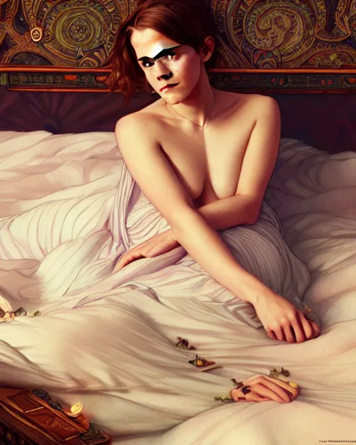 Image similar to Emma Watson lying on the bed in sleepwear, summertime, fantasy, intricate, elegant, highly detailed, digital painting, artstation, concept art, matte, sharp focus, illustration, hearthstone, art by Artgerm and Greg Rutkowski and Alphonse Mucha