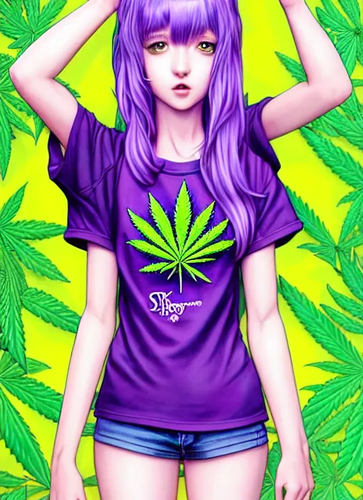 Image similar to richly detailed colored pencil 3 d illustration woman silky straight purple hair with iridescence wearing marijuana logo tshirt and short shorts, she staring at the camera happily art by range murata and artgerm.