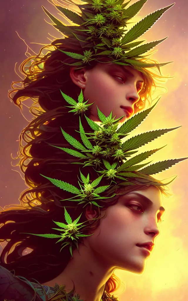 Image similar to epic scale cinematic marijuana deity character concept perfect focus closeup macro photography of a beautiful marijuana bud crystals trichomes, densely packed buds of weed, sacred dmt weed superheroine visionary art by greg rutkowski android jones artgerm alphonse mucha rule of thirds golden ratio alien plants