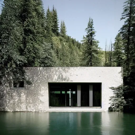 Prompt: a house by the river designed by peter zumthor