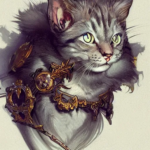 Image similar to A heraldic queen kitty cat with big cute eyes, D&D, fantasy, intricate, cinematic lighting, highly detailed, digital painting, artstation, concept art, smooth, sharp focus, illustration, art by Akihiko Yoshida, Greg Rutkowski and Alphonse Mucha