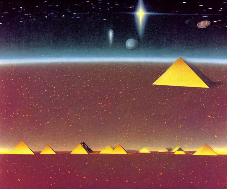 Prompt: gigantic solar pyramids towering over a small city meteor in the dark starry sky of saturn by kelly freas