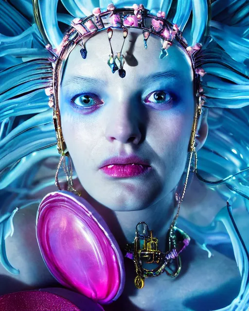 Image similar to natural light, soft focus portrait of a cyberpunk anthropomorphic anemone with soft synthetic pink skin, blue bioluminescent plastics, smooth shiny metal, elaborate ornate jewellery, piercings, skin textures, by annie leibovitz, paul lehr