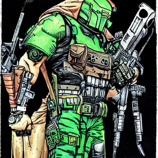 Image similar to sci - fi, dystopian bounty hunter, art by kevin eastman