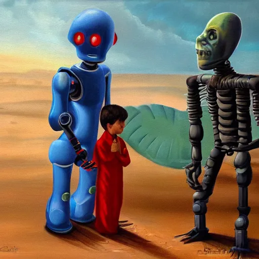 Image similar to a robot missionary trying to convert an alien to christanity, oil on canvas