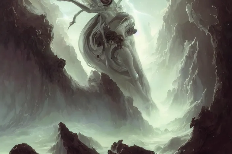 Prompt: a humanoid creature with pale white skin and a gaunt face. the creature is bald and its eyes are shining, emitting sunlight. it is wearing a black flowing cloak that looks like mist. it is crafting an landscape in the astral plane. cosmic horror. art by peter mohrbacher.