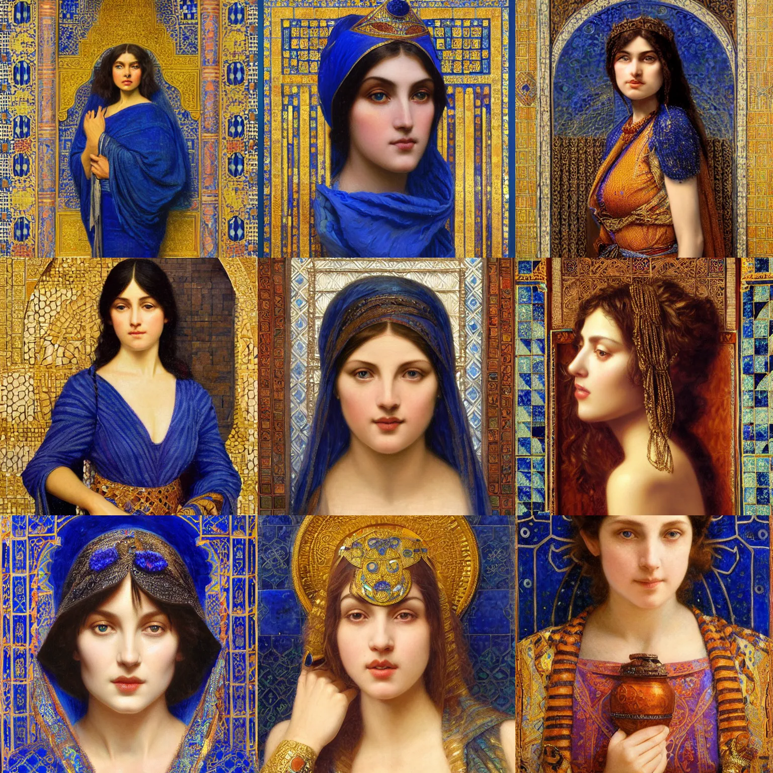 Prompt: orientalism face portrait of a cute sorceress in front of lapis tiles by Edwin Longsden Long and Theodore Ralli and Nasreddine Dinet and Adam Styka, masterful intricate artwork. Oil on canvas, excellent lighting, high detail 8k