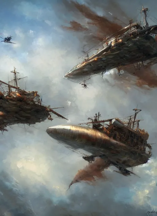 Prompt: two airship pirate ships battling in the air painted by raymond swanland