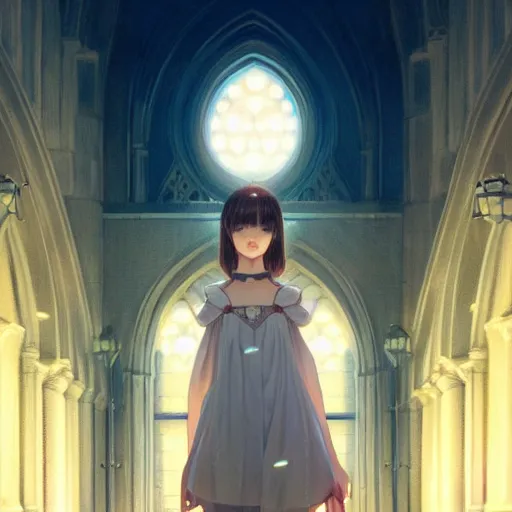 Image similar to angelic girl in intricate clothing walking a cathedralic hallway at night, very high detail, painting, anime, wlop, ilya kuvshinov, artgerm, krenz cushart, greg rutkowski, sana takeda