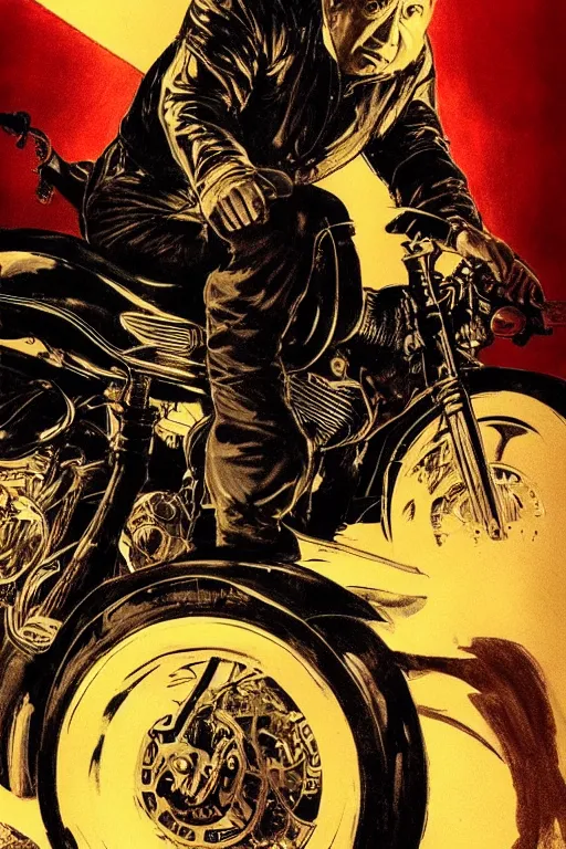 Prompt: a close-up portrait of alfred hitchcock as a badass motorbike rider, dramatic backlighting, golden hour, autochrome, high contrast, highly detailed, sharp focus, digital painting, concept art, illustration, filmpunk , trending on artstation, art by greg rutkowski and greg hildebrandt, composition by alphonse mucha