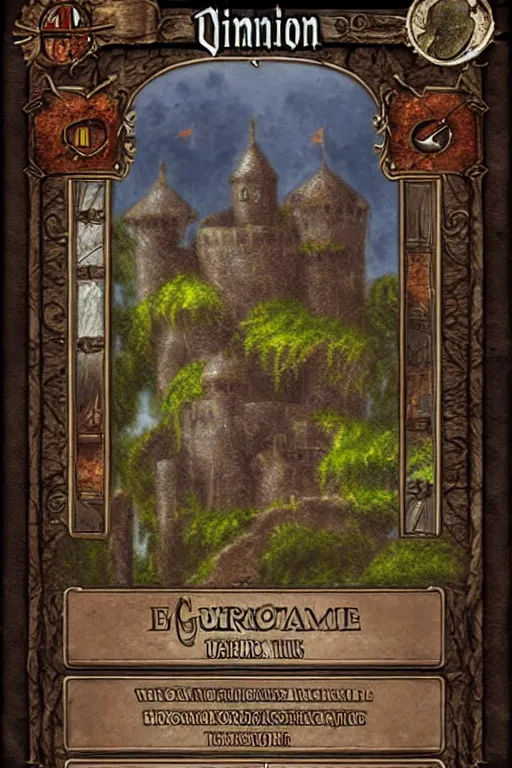 Image similar to dominion eurogame card showing a rustic castle. fantasy deviantart