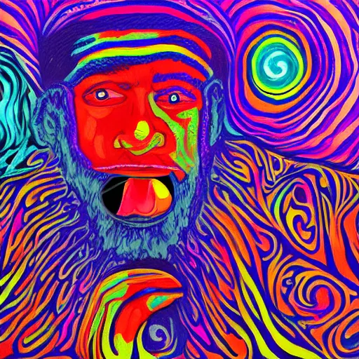 Prompt: psychedelic painting of a man eating a hamburger