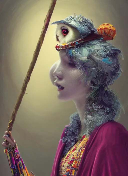 Image similar to an anthropomorphic beautiful goddess female wizard made of owl portrait holding a staff wearing colourful robe, fine art, award winning, intricate, elegant, sharp focus, octane render, hyperrealistic, cinematic lighting, highly detailed, digital painting, 8 k concept art, art by jamie hewlett and z. w. gu, masterpiece, trending on artstation, 8 k