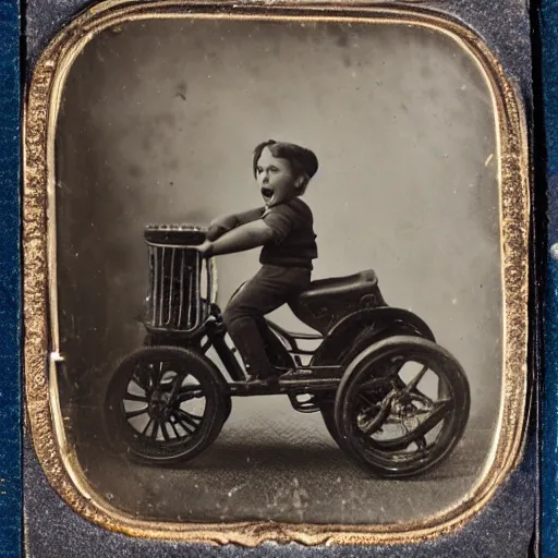 Image similar to tintype photo of child riding huge beetle