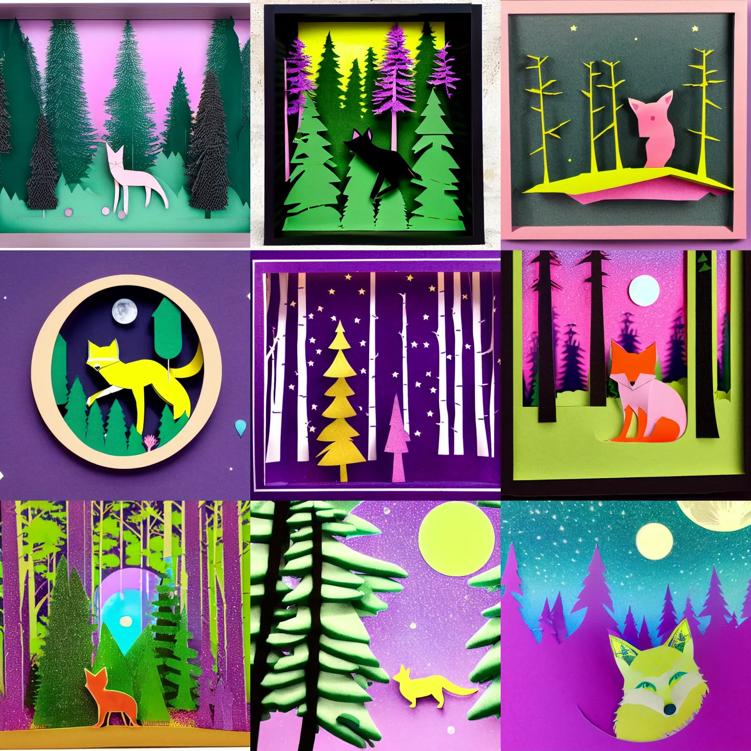 Prompt: a chartreuse fox in a forest of pink pine trees, moon with radiating light beams in the sky, iconic, 3d flat layered paper shadow box