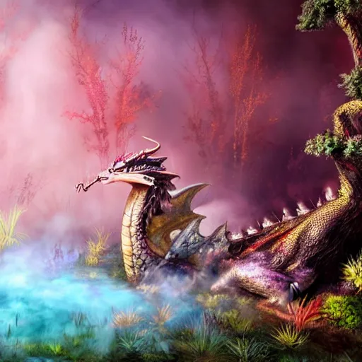 Image similar to highly detailed photograph of a dragon in a steaming colorful hotspring with woodland forest backdrop, featured on artstation