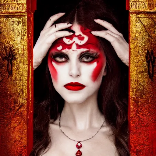 Image similar to An alluring vampire queen wearing a red pendant walks out of a tomb in the Sahara