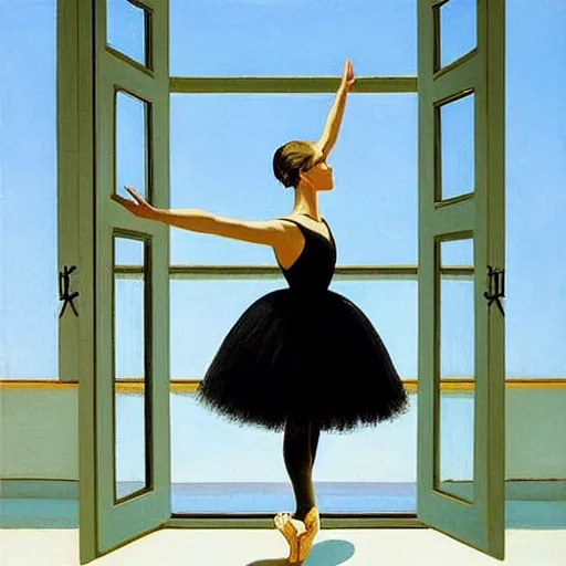 Prompt: artwork painting of a ballet dancer in a black tutu standing in front of a window with perfect blue sky by jack vettriano h 6 4 0