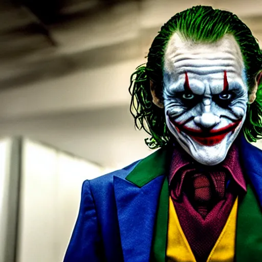 Image similar to Willem Dafoe as The Joker, film set photos